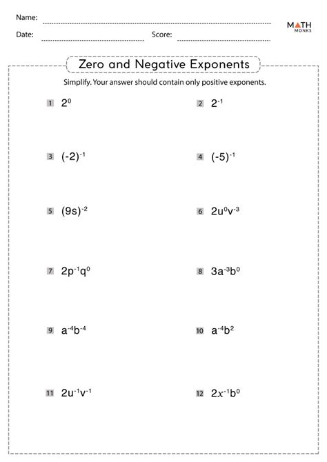 zero and negative exponents worksheet