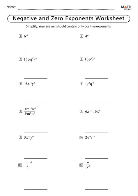 zero and negative exponents worksheet for grade 9