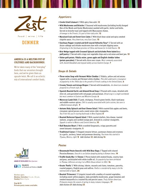 Zest Dinner Menu
