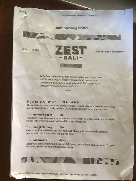 Zest Ubud Restaurant Menu