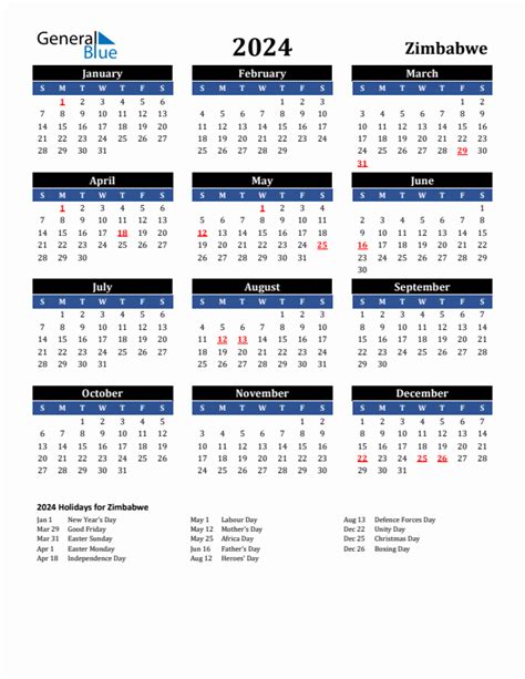 zimbabwe calendar with holidays