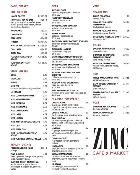 Zinc Cafe Menu Laguna Beach