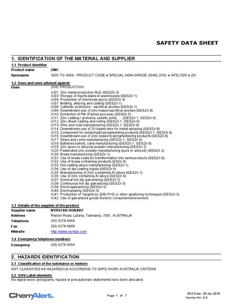 Zinc Hazards Msds