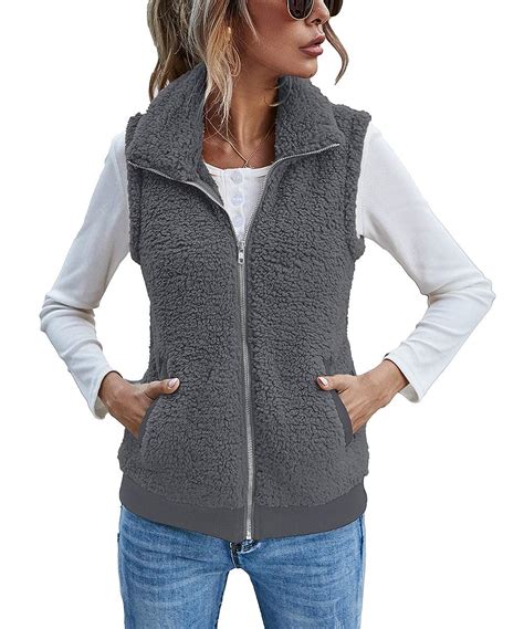 zip front sleeveless fleece vest women's